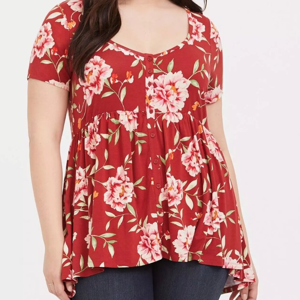 torrid Red Floral Button-Front Short Sleeve Babydoll Tee